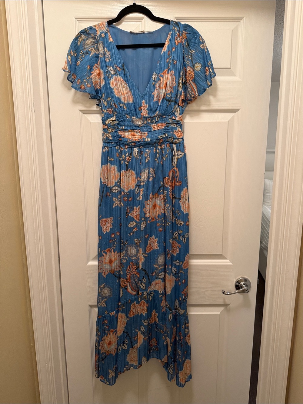 Ramy Brook Blue Floral Pleated V-Neck Maxi Dress